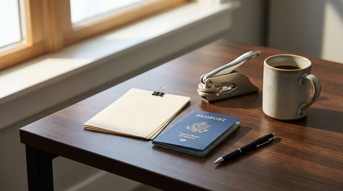 US passport with documents and notary stamp on a desk
